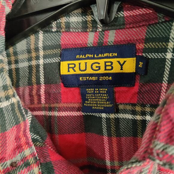 Ralph Lauren Rugby Shirt Mens Medium Button Up Flannel Long Sleeve Red Green - Picture 3 of 8